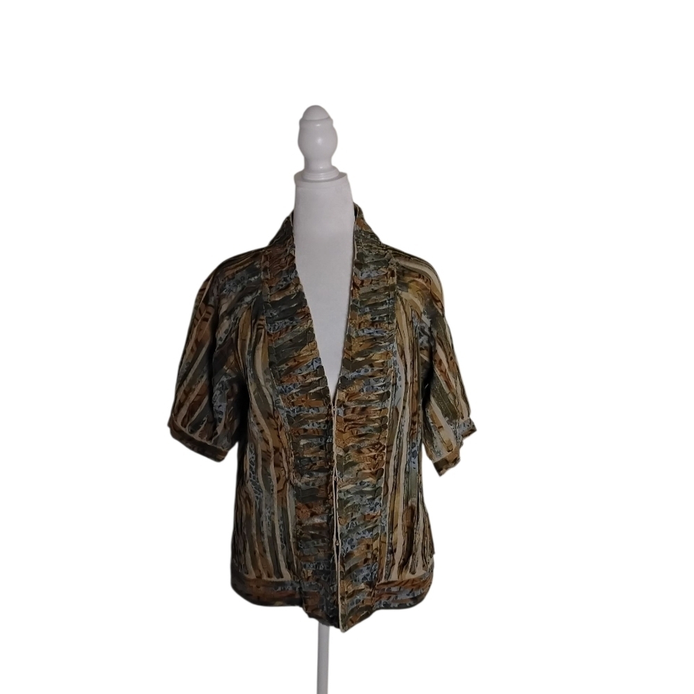Chico's Women's 1 Brown Blue Short Sleeve Hook Closure Blazer Jacket